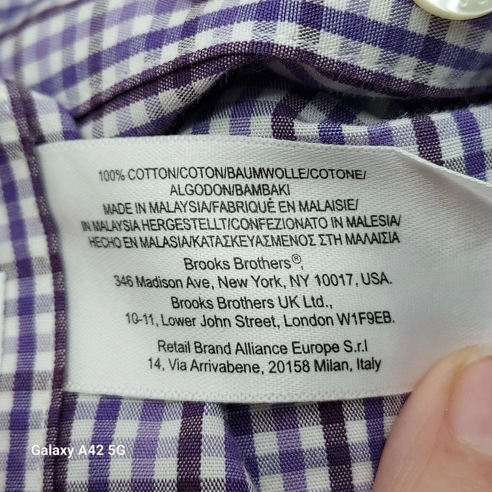 Brooks Brothers Mens Regular Fit Non-Iron Gingham Check Shirt Purple White Large